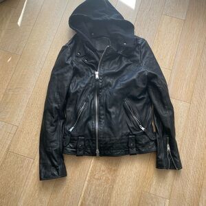All Saints Black Leather Jacket with removable hood